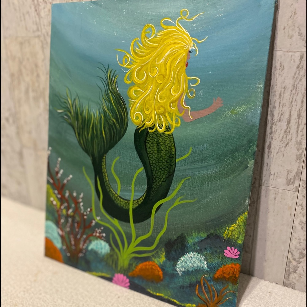Mermaid Hand Crafted painting 11 x 14“ canvas board w acrylics wall art nautical - Picture 4 of 8